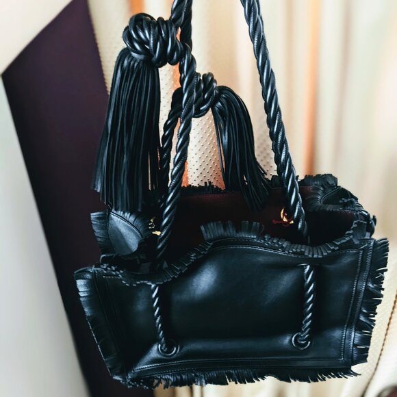 VALENTINO The Rope black fringe leather braided rope handle tote bag/Medium - Picture 11 of 14
